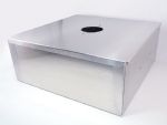 Covered stainless steel cooling tray for food preparation.